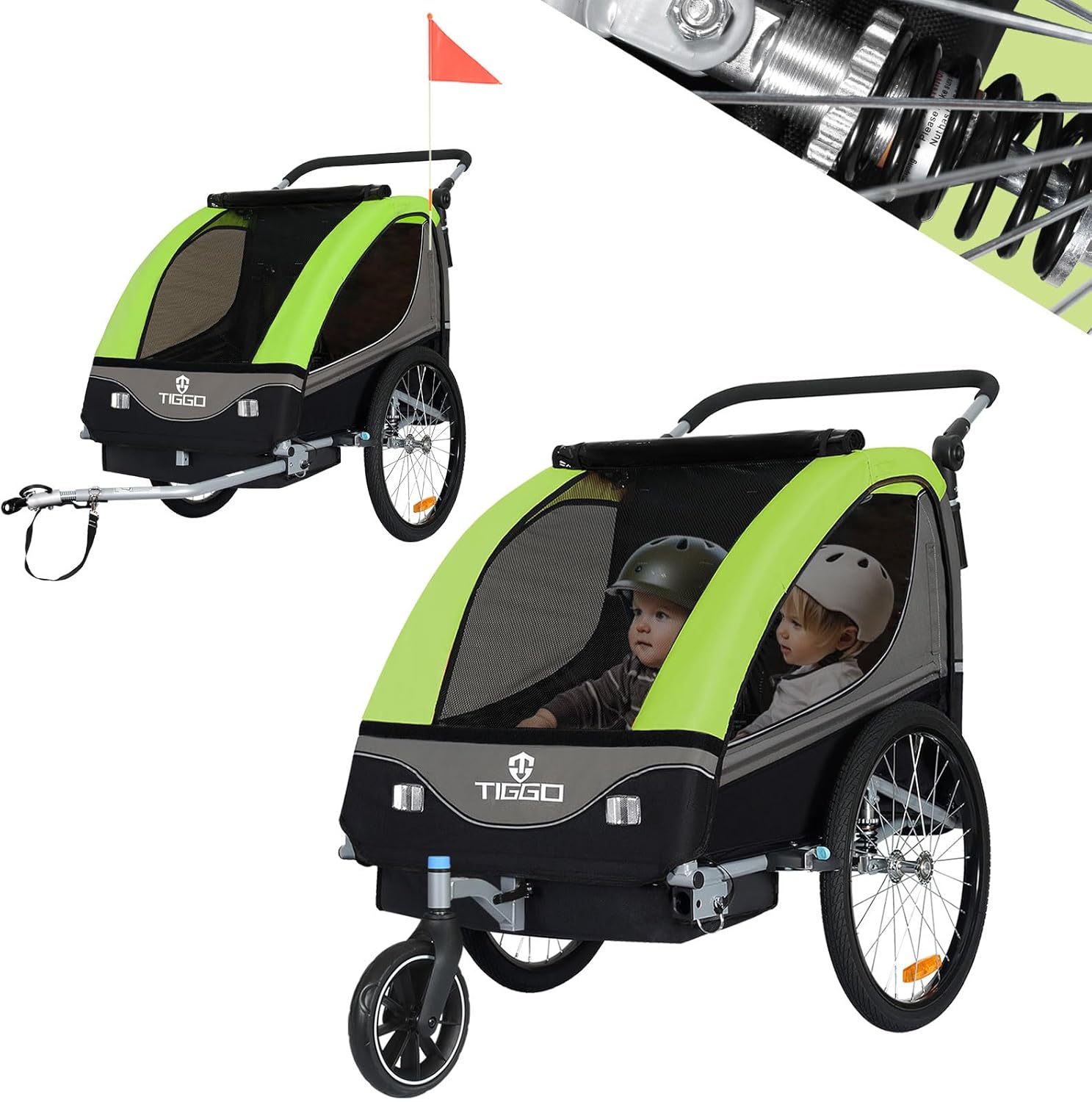 Tiggo S2 Remorque pour Enfants 2 en 1 Velo Remorque Suspension 5 Points Ceinture de securite 360° Roue Avant Jogger Poussette