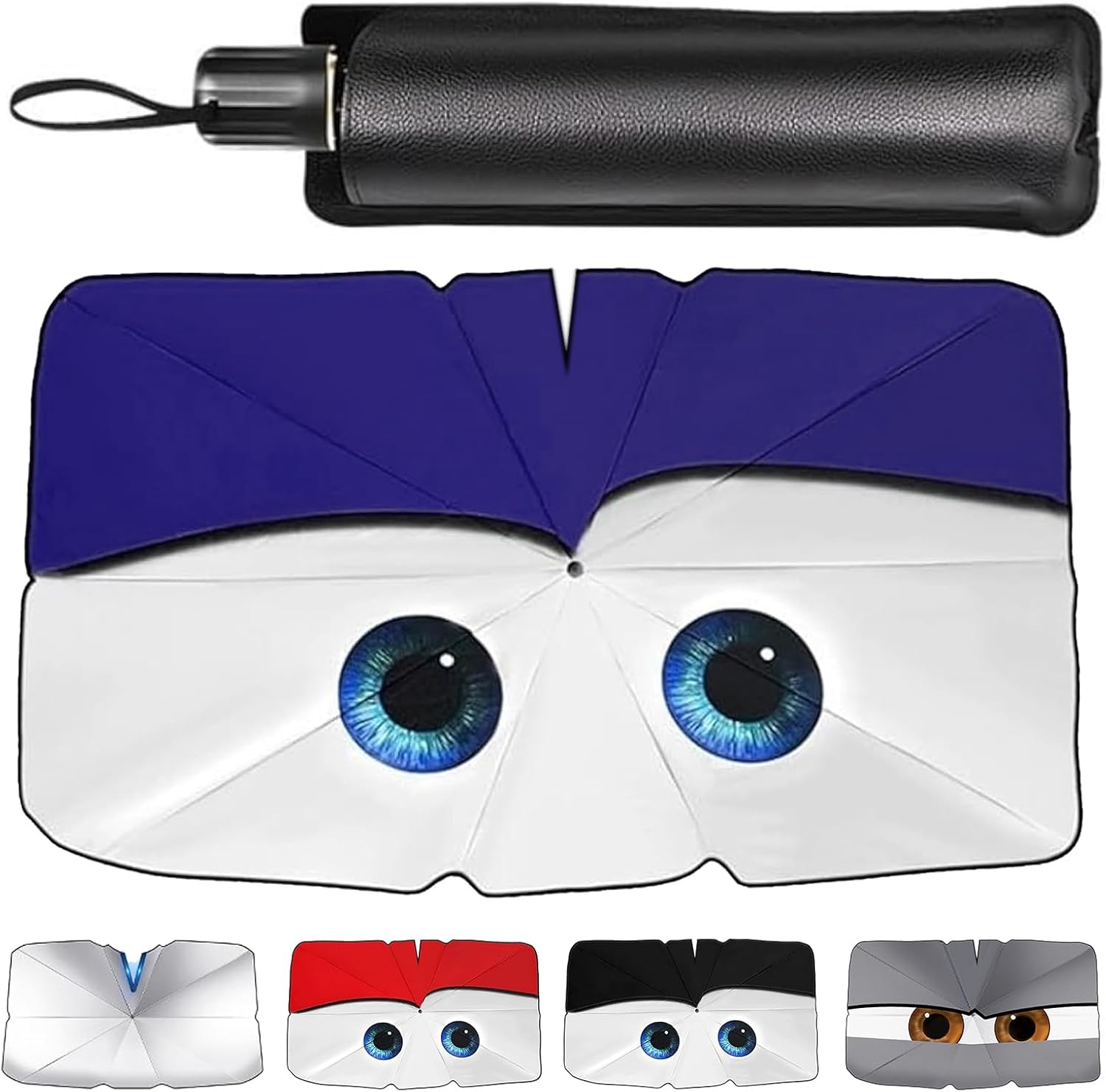 Pare Soleil Voiture,Parapluie Pare Soleil Voiture Pare Brise Avant,Pare Soleil Voiture Avant avec Design Adorable d'yeux,125 x 65 cm,avec Sac, pour Sportives, compactes et hatchbacks,Bleu