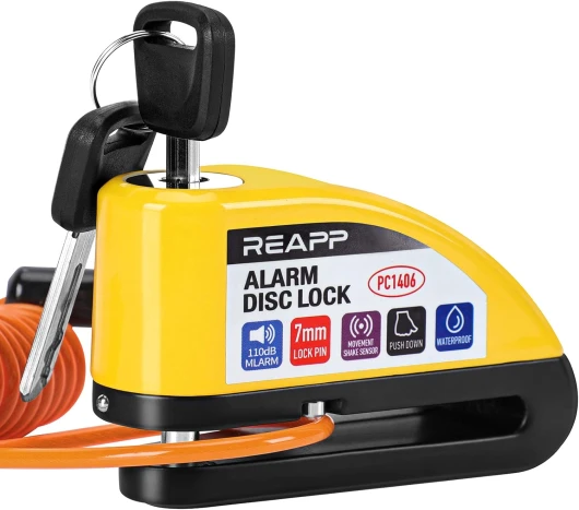 REAPP Antivol Moto, Bloc Disque Alarme 110db, Bloque Disque de Haute Sécurité avec 1.5m Câble Rappel, 6 Piles de Rechange et Sac pour Cadenas, Disc Lock pour Moto, Velo, Vespa, Moped