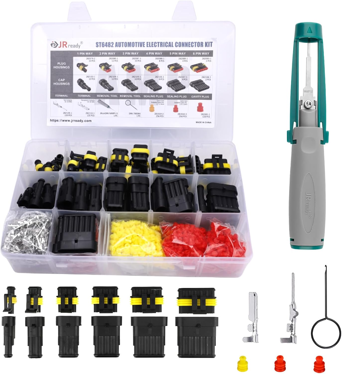ST6482 Connecteur électrique automobile étanche 1/2/3/4/5/6 broches avec outil de démontage Contacts estampillés 16-18AWG, Kit de Connecteurs Electriques pour Moto, Camion, Voiture