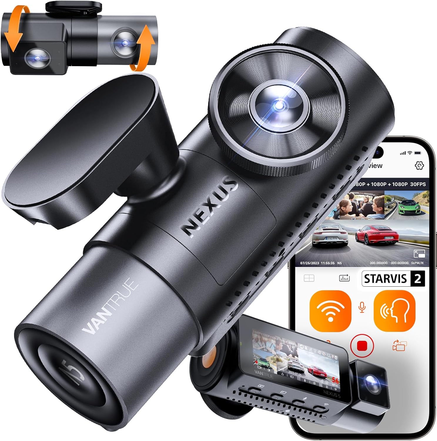 N5 4-Canaux Dashcam 2.7K+3x1080P HDR, 360 degrés STARVIS 2 Camera Voiture Avant Arriere, 5GHz WiFi GPS Caméra Embarquée Infrarouge, Contrôle Vocale Français 24h - Mode Parking Tampon, Max 512G