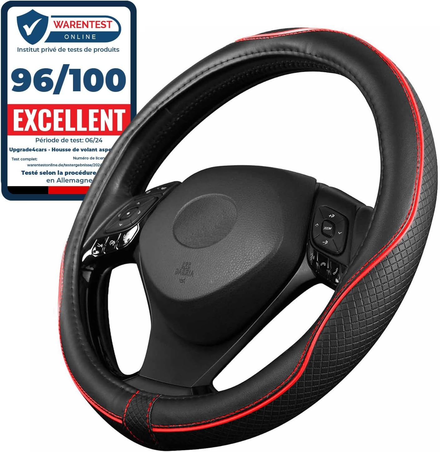 Couvre Volant Voiture Noir Rouge Simili Cuir - Housse de Protection Taille Universel 37-38 cm - Accessoires Auto Decoration Interieur Protege