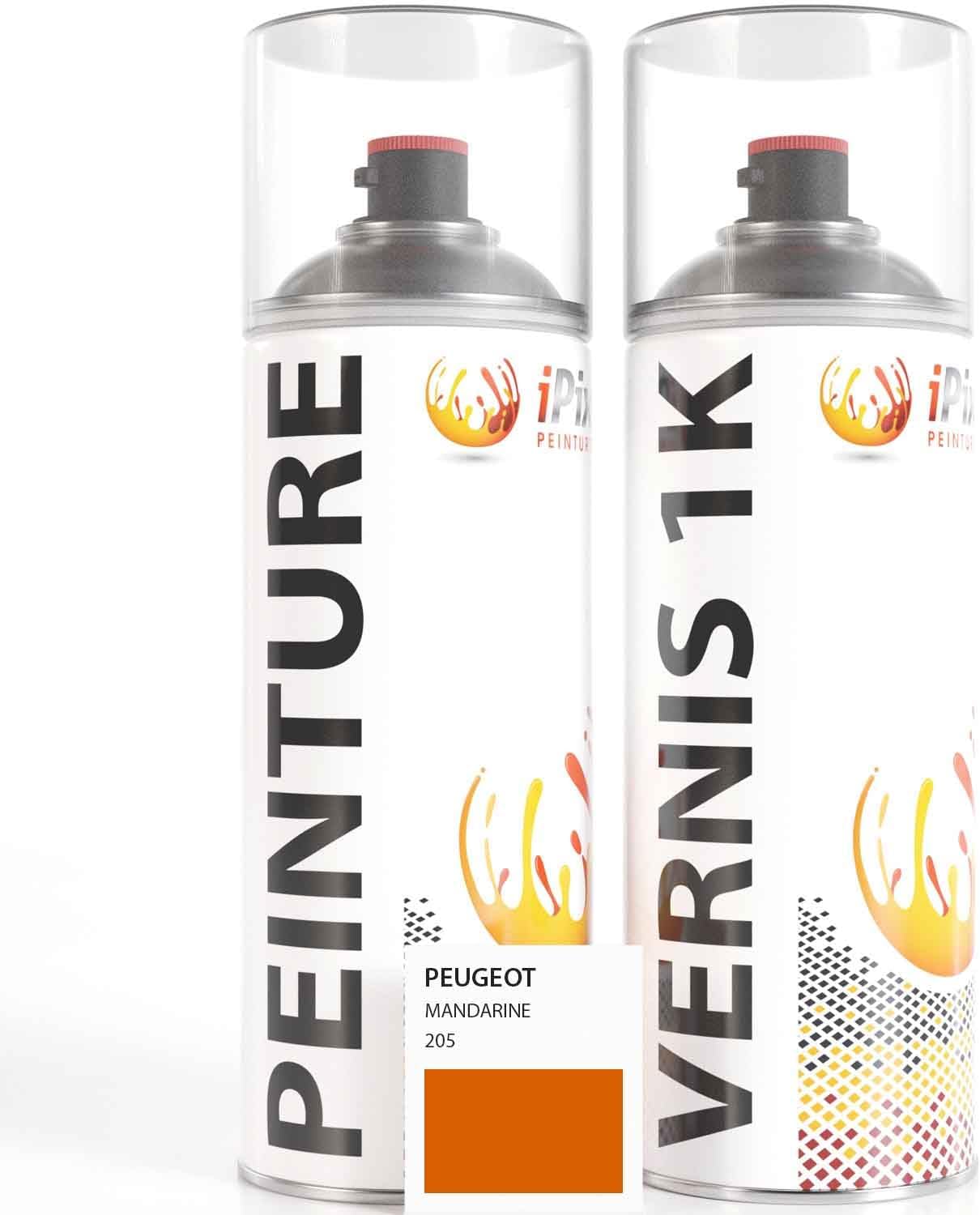 Kit Retouche Peinture Carrosserie Voiture - Bombe Aérosol Peinture Auto 400 ml, Vernis Brillant 1k 400 ml - Compatible avec Peugeot - Mandarine 205 Peugeot - Mandarine - 205