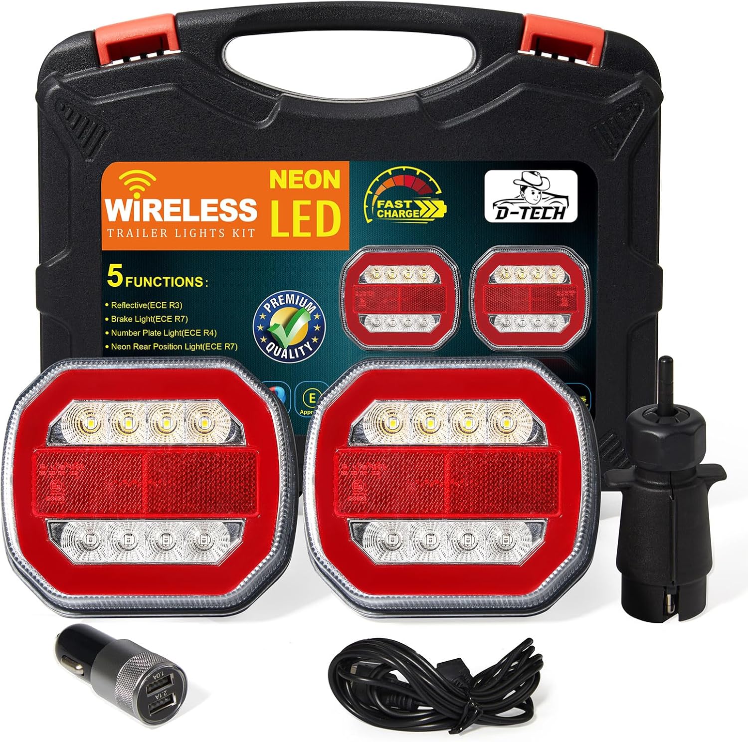 D-TECH Kit plaque de feux remorque sans fil magnétique 12V 24V LED éclairage arrière wireless magnét pour remorque,tracteurs,camion,caravan,rechargeable étanche feux arrière de remorque led sans fil