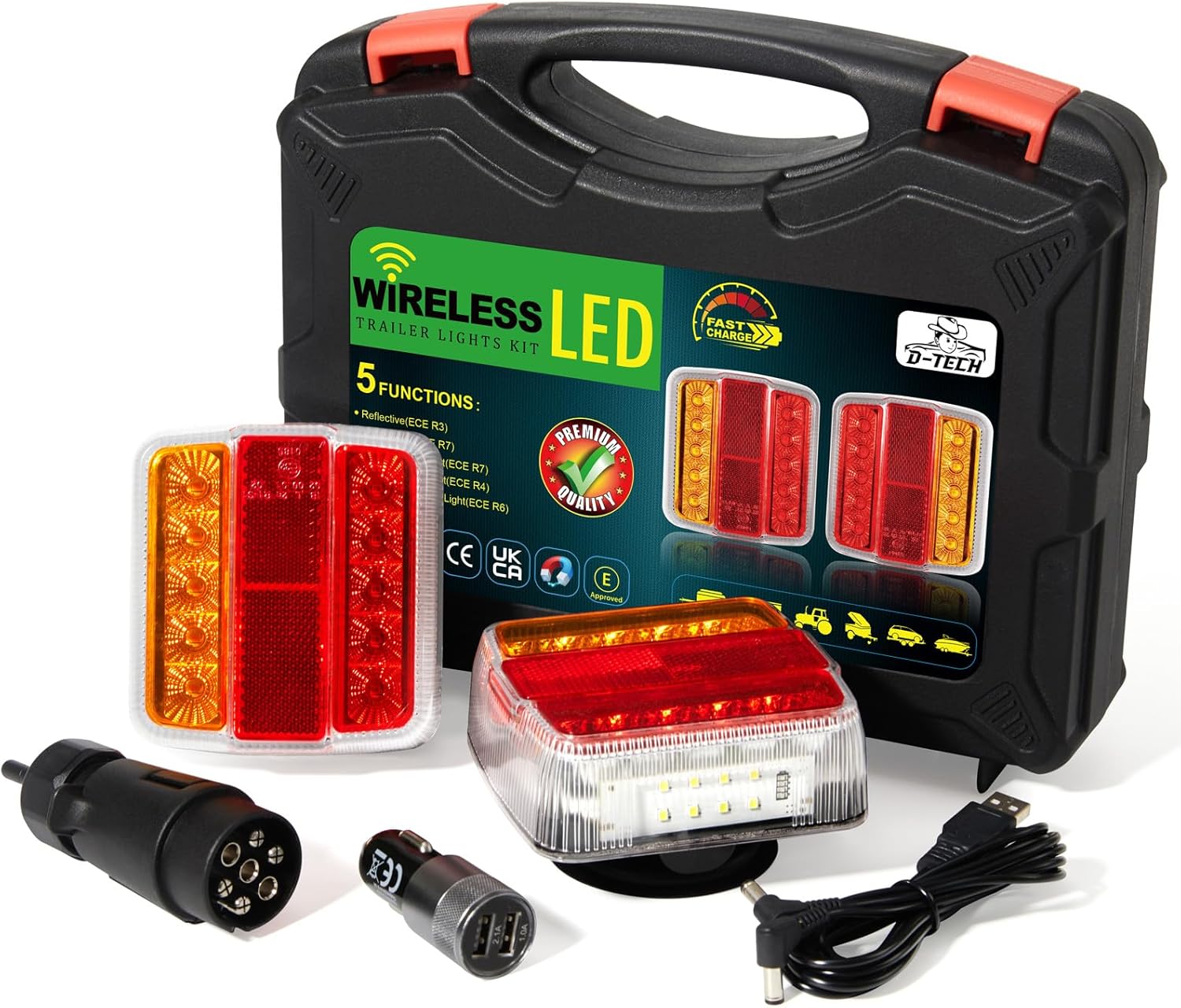 D-TECH Plaque de feux sans fil pour remorque, kit éclairage arrière remorque magnétique feu led wifi,rechargeable LED feux arrière remorque sans fil magnétique 12V 24V, LED feux de remorque étanche