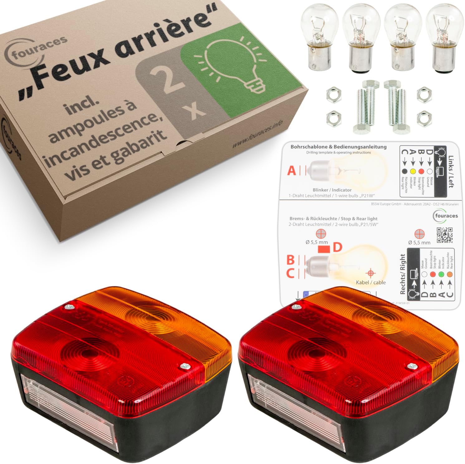 Fouraces Feux arrière de remorque - 2 kits, avec schéma électrique et plaque d'immatriculation Eclairage, feu arrière, accessoires, lumière, lampes pour voiture