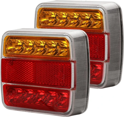 2 Pcs Feu de Arriere Remorque LED 12V avec E-Mark, 5 Fonctions - Feux Stop, Feux Position, Clignotant, Feux Plaque d'immatriculation, Catadioptre