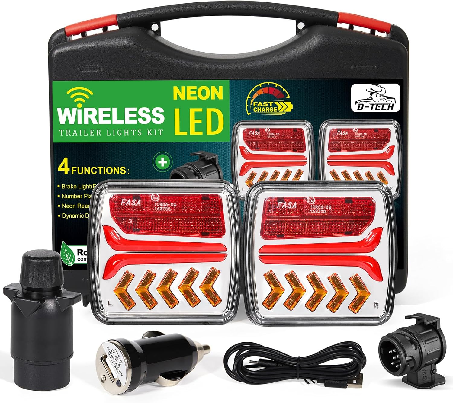 D-TECH Feux arrière de remorque sans fil LED Feux arrière de camion magnétiques sans cable,avec adaptateur remorque 13 vers 7broches,LED feux remorque sans fil magnétique,Homologation ECE R10 EMC