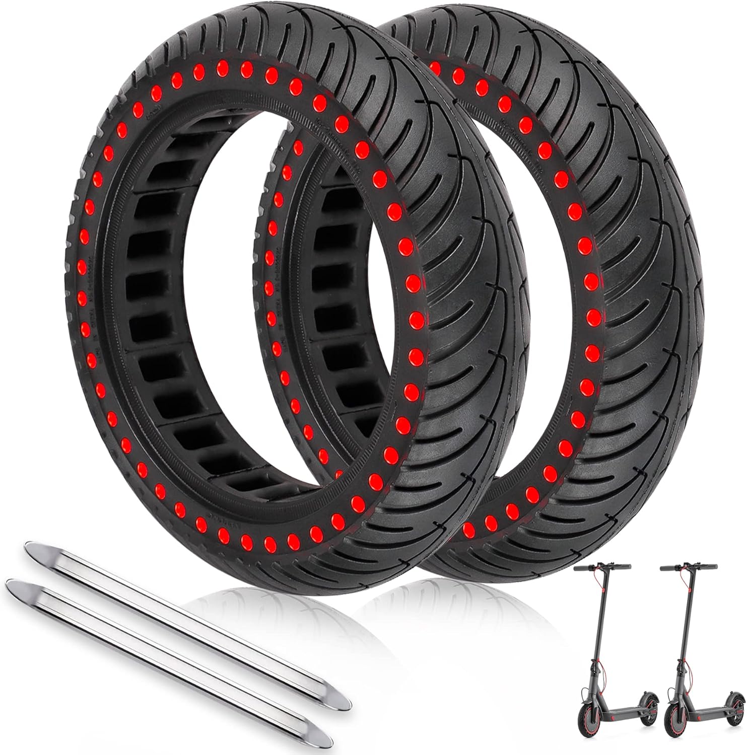 Pneu Plein 8,5 Pouces (8 1/2x2)(50/75-6.1) Increvables pour Trottinette Électrique, Compatible Tous Modèles avec Roue 8 1/2x2, Xiaomi M365, 1S, Pro2, Gotrax, Wispeed (Point 2unité+Leviers)