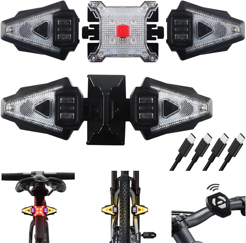 5PCS Feux Arrière de Vélo avec Clignotant, Avant et Arrière Clignotant de Vélo Rechargeables USB Divisés Télécommande Clignotant de Vélo avec Voyant Avertissement Flash et Feu Arrière Rouge pour Vélo