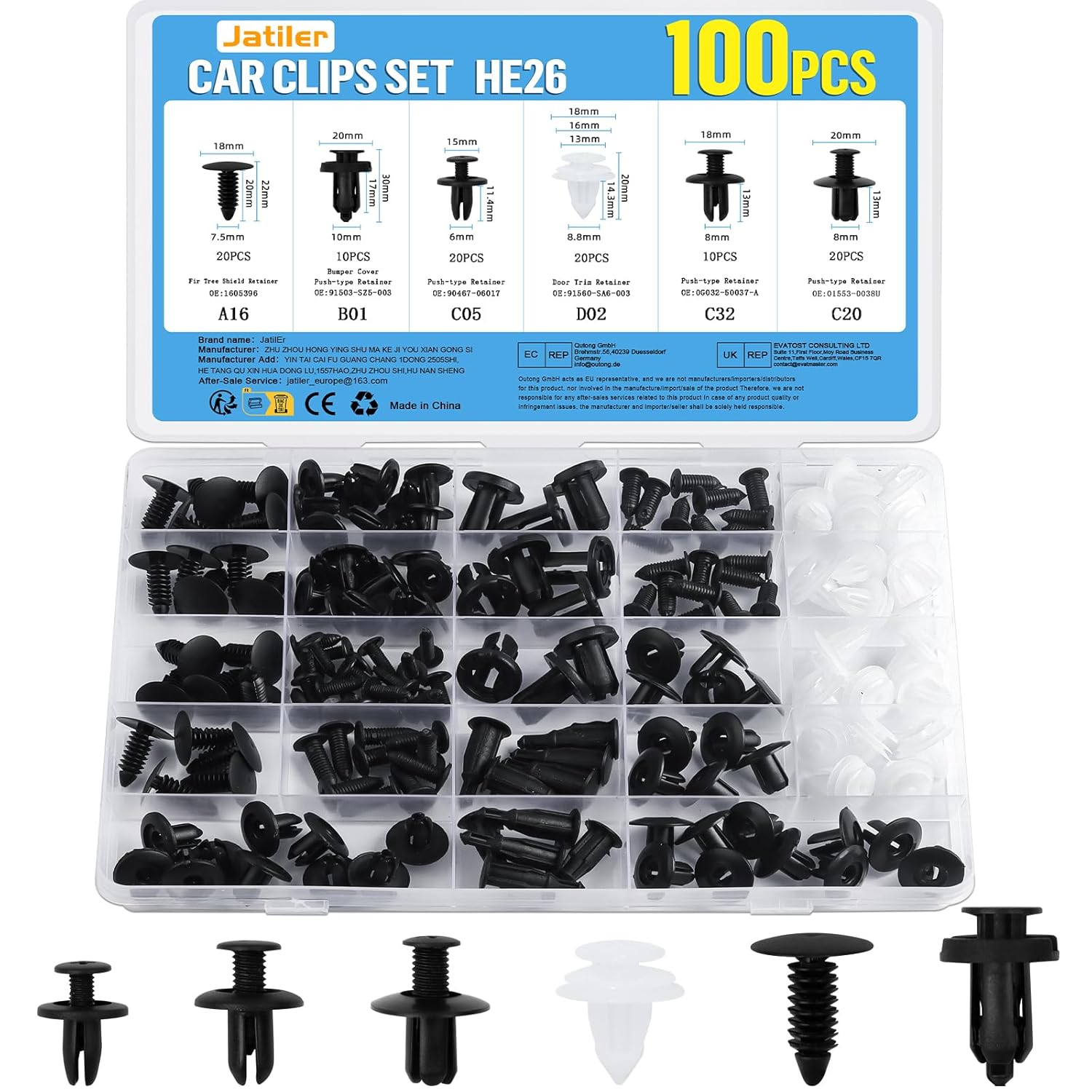JatilEr 100 Pièces Rivet Clips Voiture Universel, Plastique Rivets Fixation de Protection Noir, 6 Taille Clips Agrafes Carrosserie pour Pare-Chocs Porte de Voiture Fender Push Kit de Remplacement