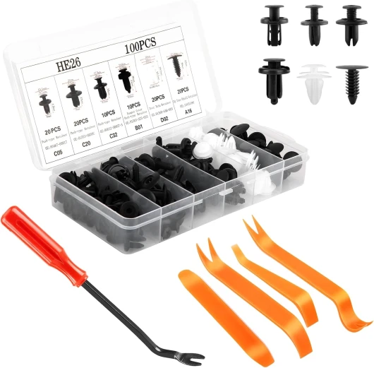105 Pièces Clips de Fixation Voiture, 6 Tailles, 100 Rivet Plastique et 5 Outils de Démontage de Vis de Voiture Pour La Plupart Des ModèLes.