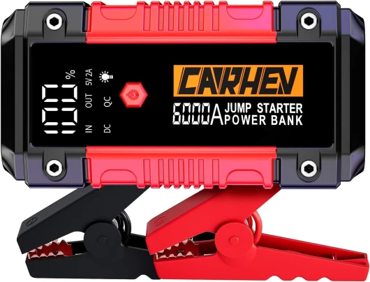 CARHEV Booster Batterie Voiture 6000A, 26800mAh Démarreur de Voiture (Jusqu’à 10L Essence & 10L Diesel), 12V Portable Jump Starter avec Lampe à LED, Grand Écran LCD, Pinces de Sûreté Intelligentes