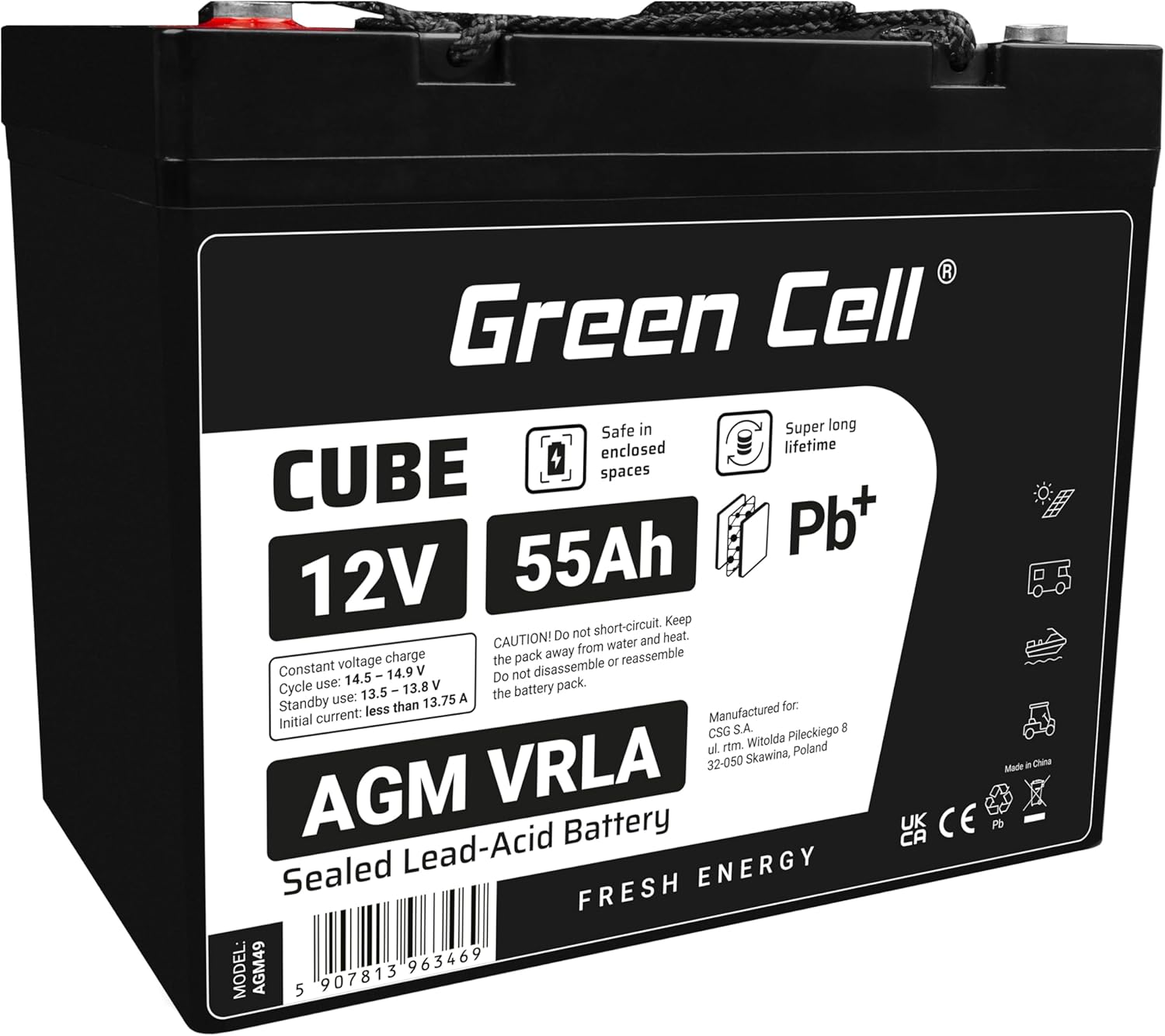 GreenCell® Rechargeable Batterie AGM 12V 55Ah accumulateur au Gel Plomb Cycles sans Entretien VRLA Battery étanche - Photovoltaïque - Caravane Energie Solaire Batterie Voiture - Fauteuil Roulant