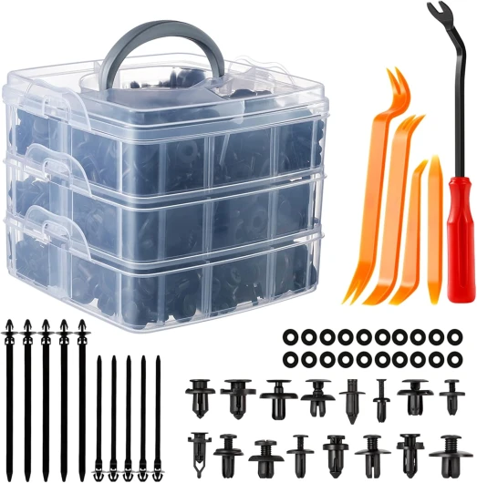 Vintoney Clips Voiture, 655 Pcs Rivet Clips Plastique Fixation Noir Universel pour Auto Voitures Panneaux Garnitures de portières avec Boîtier de Rangement et Outil Démontage Installation