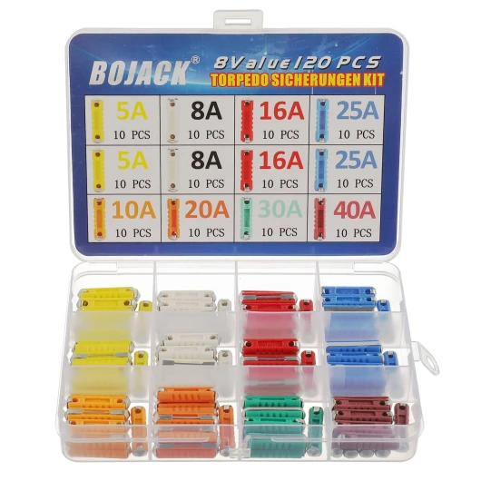 BOJACK 8 sortes 120 pièces Fusibles Torpilles Jeu De Fusibles Torpedo Fusibles 5A 8A 10A 16A 20A 25A 30A 40A Protège les circuits automobiles avec une boîte en plastique pour voitures anciennes