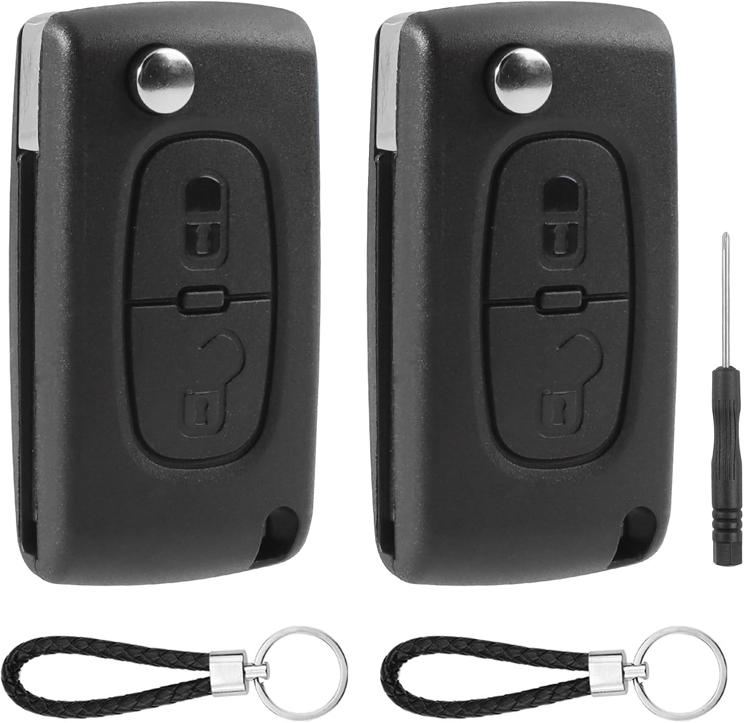 HTTYHT 2 Pièces Coque Clé de Voiture 2 Boutons Compatible avec Peugeot 207/207 SW CE0523 307 308 3008 5008 Partner Citroen C3 Picasso Télécommande Boîtier Clef de Remplacement avec Porte-Clés