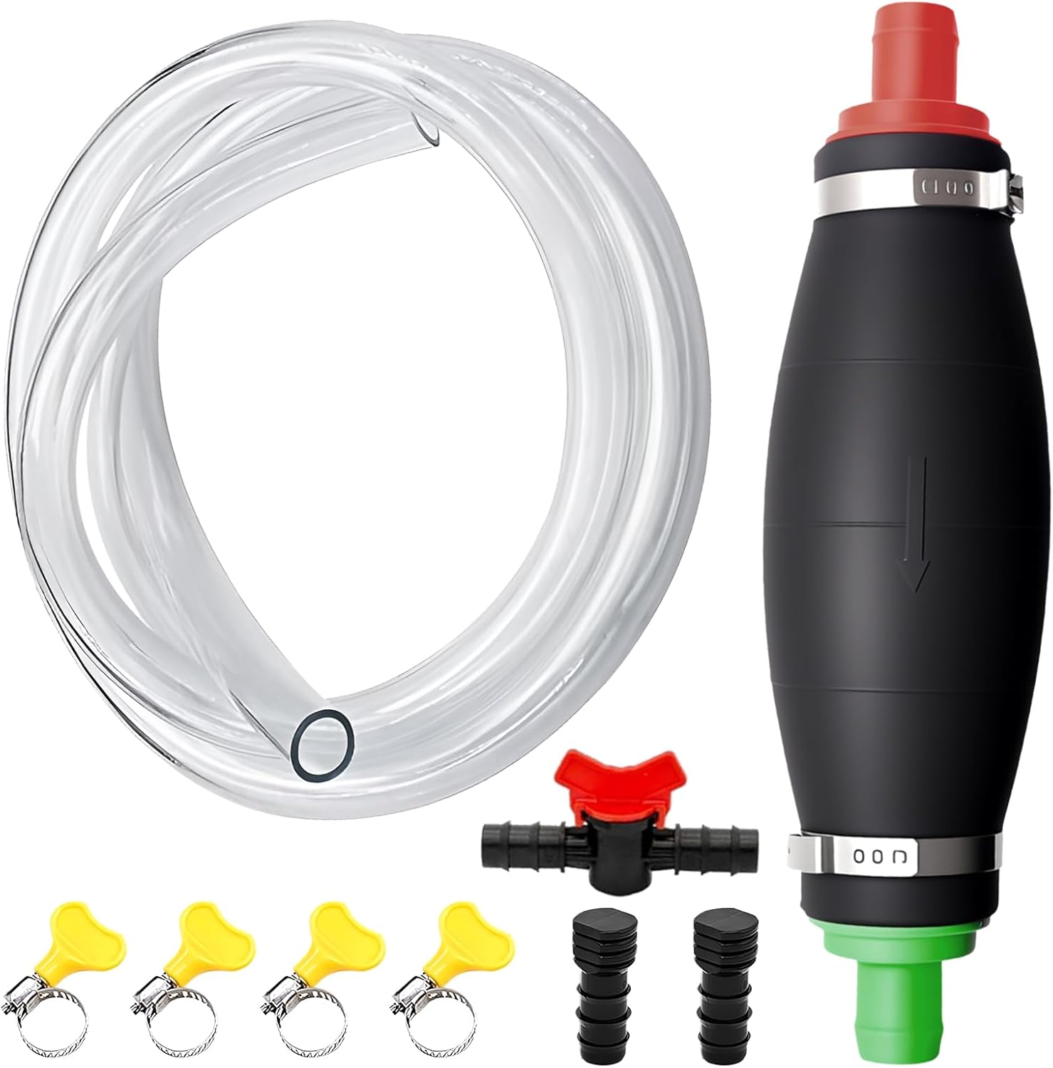 Pompe manuelle pour le transfert de liquides–Pompe de transfert XL avec fonction vide,tuyau PVC EXTRA-LONG résistant au carburant de 2,5m avec bouchon et régulateur de débit pour essence, huile et eau