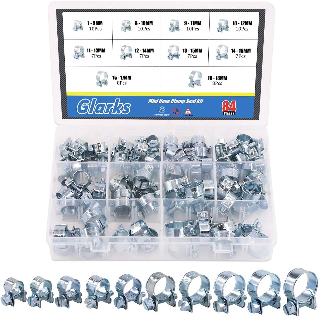 Glarks Lot de 84 mini colliers de serrage pour tuyau de carburant, diesel et essence, assortiment de 10 tailles