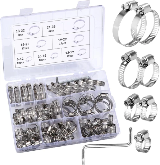 Collier de Serrage Réglables,Colliers de serrage en acier inoxydable,Tuyau Clips, 73 Pièces 7 Tailles 6-38mm Tuyau Clips Réglable,pour tuyau d'eau, plomberie, automobile et mécanique