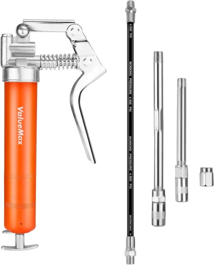 ValueMax Pistolet à Graisse Professionnel, Pompe à Graisse Manuel 3500PSI avec Cartouche de Graisse de 85g, Tuyau Flexible 298MM, 2 Tubes Métalliques et Buse