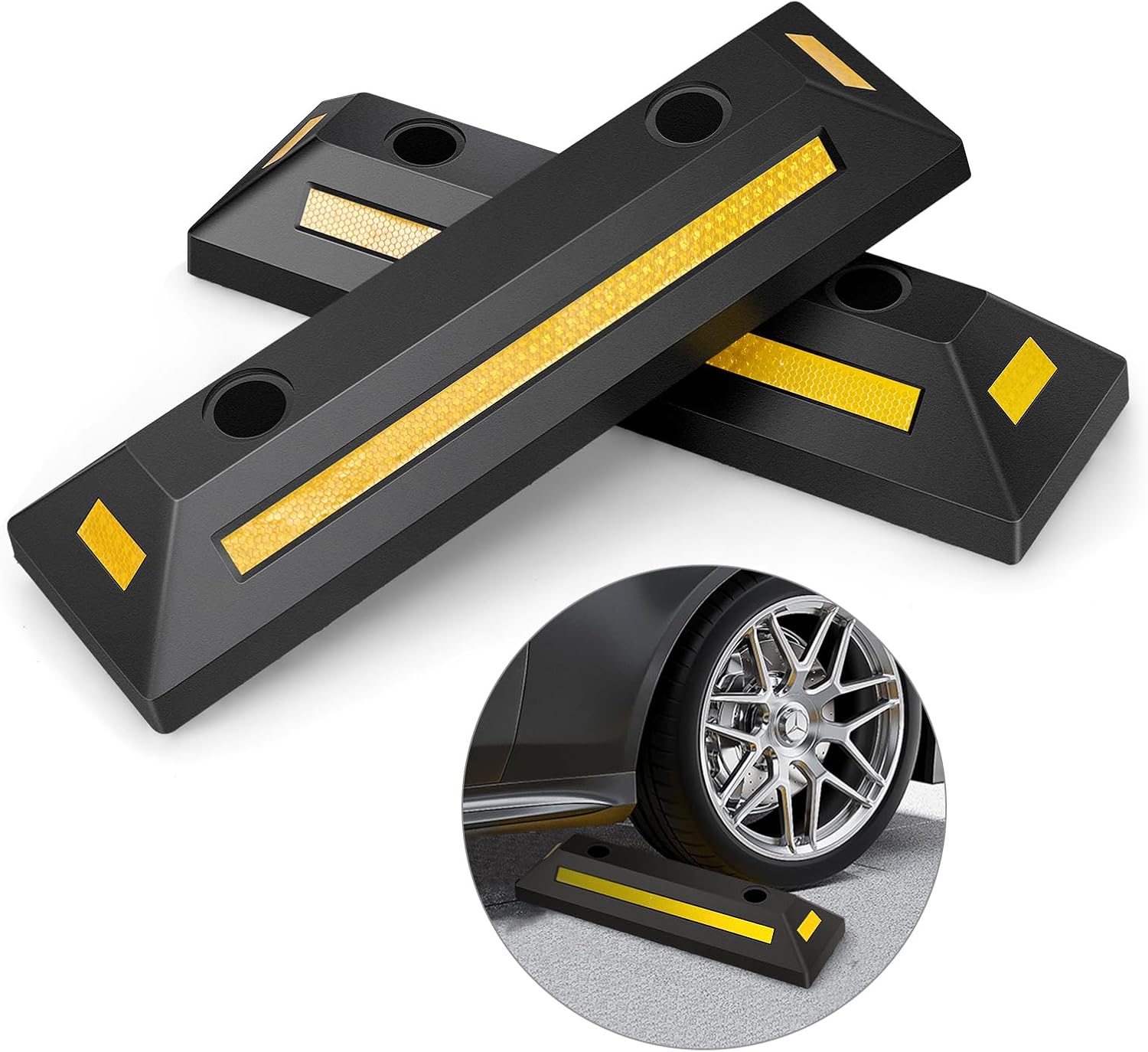 Lot de 2 Butées de Roue pour Stationnement De Véhicule, Caoutchouc Durable et Robuste, Bandes Réfléchissantes, Intérieur Extérieur, pour Pneus de Voiture, Camion, Camionnettes, pour Garage