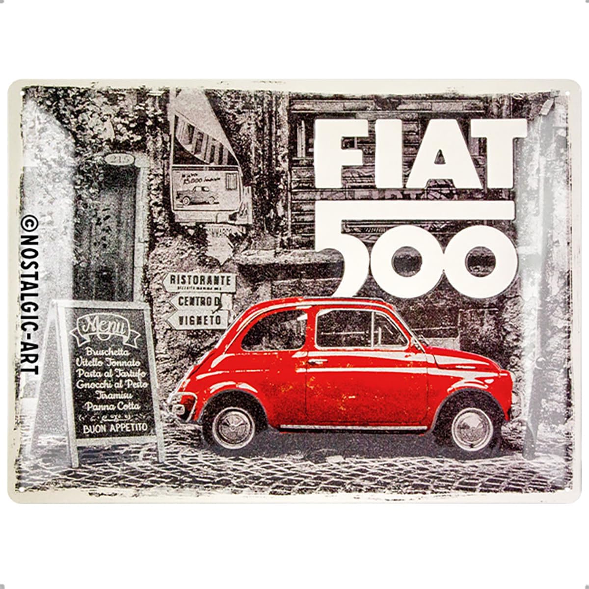 Nostalgic-Art Plaque vintage, Fiat 500 – Red car – Idée de cadeau pour fans de voitures, en métal, Design retro pour la décoration, 30 x 40 cm 23295