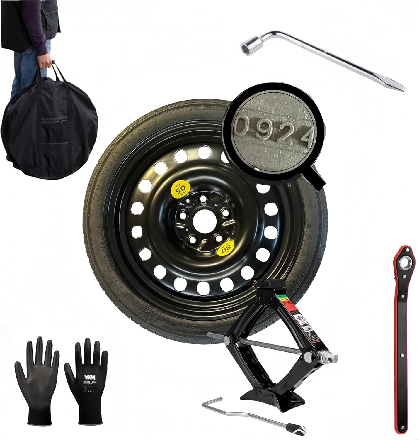 D'ANGELO kit Roue de secours galette 18" 125/70 R18 compatible avec MERCEDES A, B, C, GLA, GLB (NO AMG) compatible avec SEAT LEON, ATECA, compatible avec VW GOLF 8, pour @ u d i q2, a3