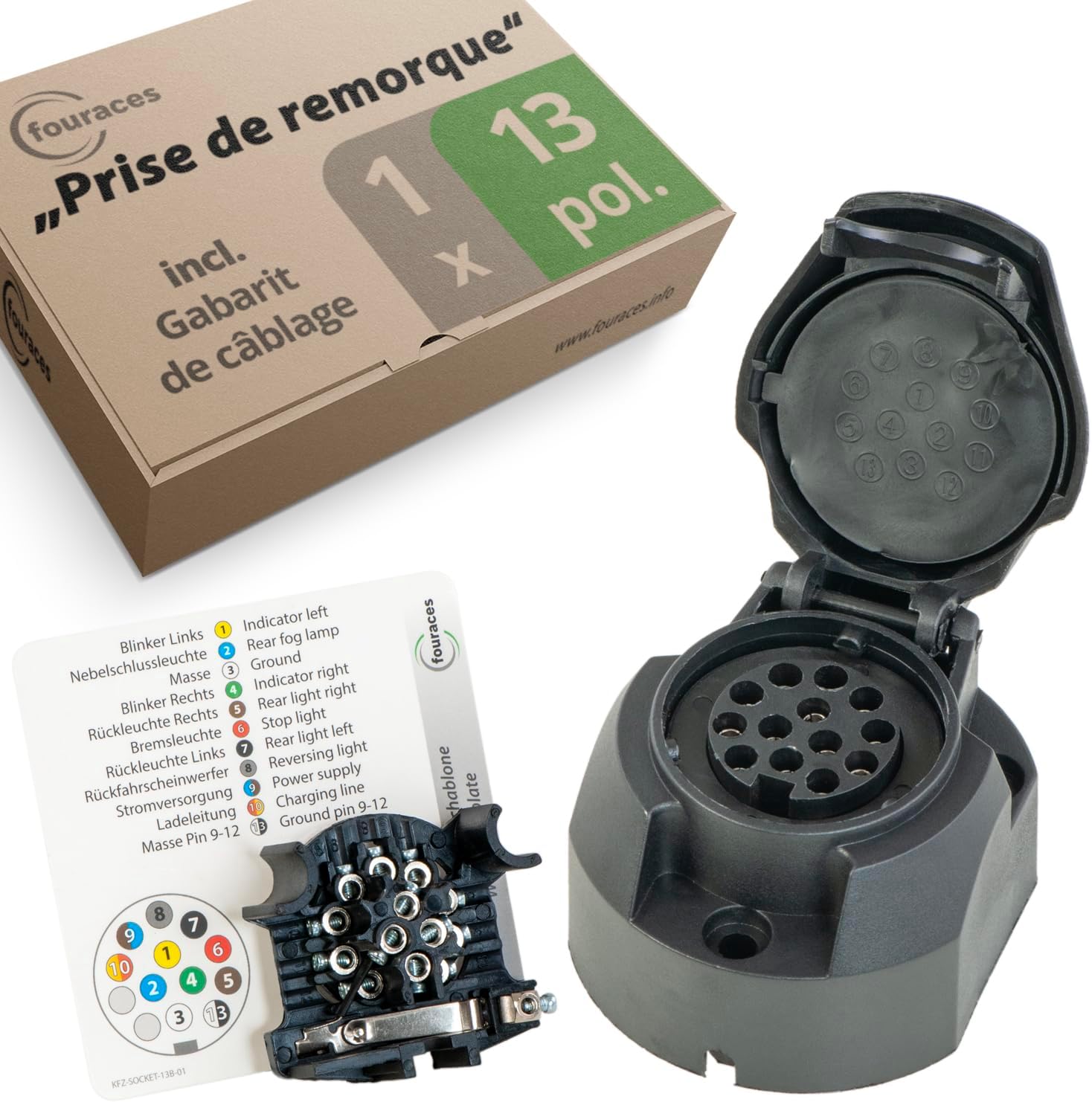 Fouraces Prise de remorque - 13 Broches, gabarit - pour Voiture, Auto et Tracteur - Attelage de remorque, Caravane, Noir