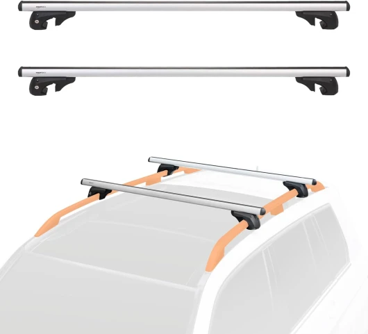 Barres de toit à rails transversaux 132 cm, pouvant accueillir jusqu'à 117 cm de distance entre les rail latéraux surélevés avec espace, lot de 2, noir/argenté