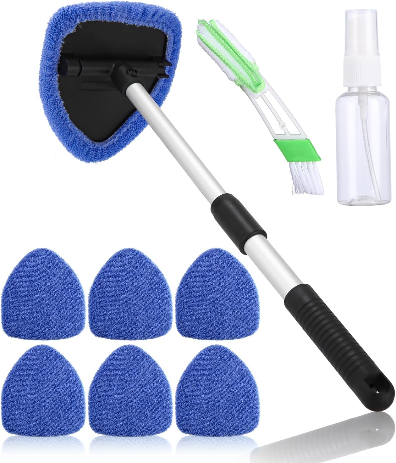 Nettoyant pour Pare-Brise,Brosse de Nettoyage de Pare-Brise,Nettoyage pare brise intérieur,Nettoyage de Pare-Brise avec Poignée Télescopique avec Poignée Pivotante à 180°et 6 Tampons Lavables,Bleu