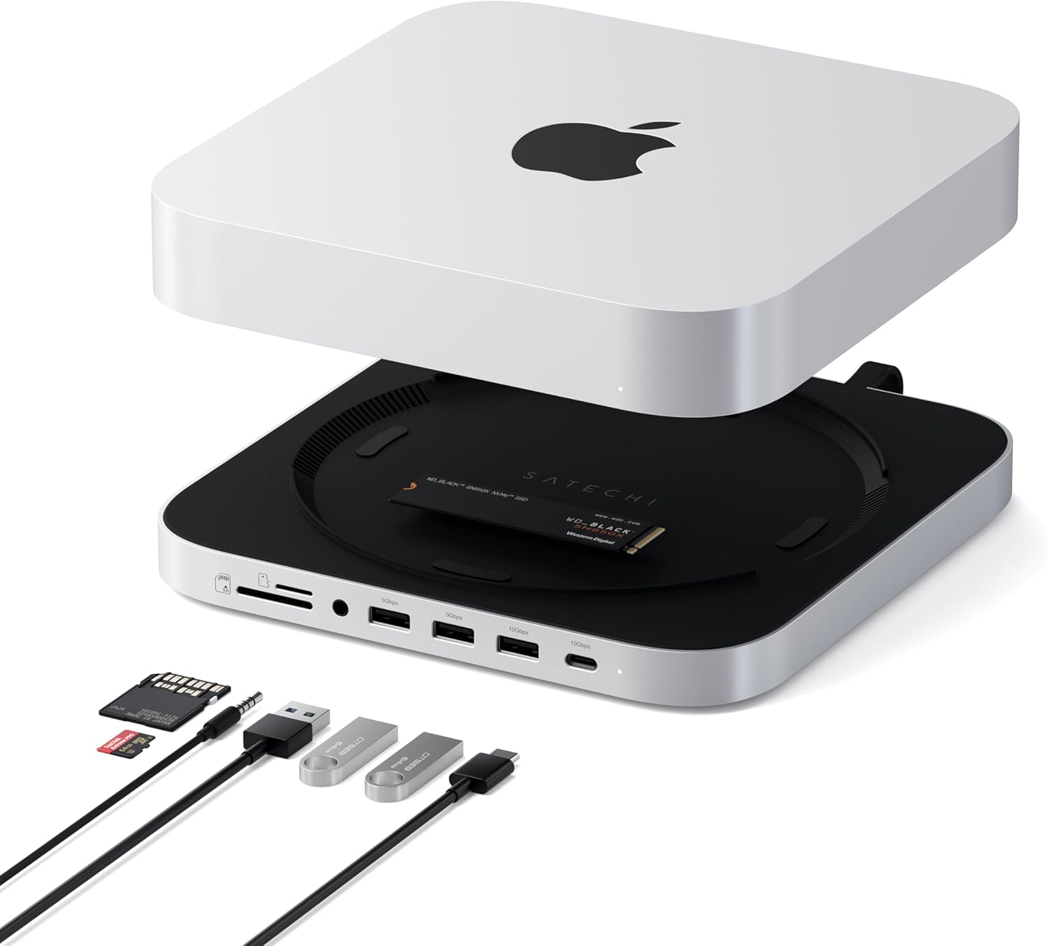Hub & Support Mac Mini avec Boîtier SSD NVMe/SATA M.2, Dock Aver USB-C 10Gbps, 3 x USB-A 5/10Gbps, Jack Audio 2.0, pour Mac Studio, Mac Mini M2/M1 (Incompatible M4), Argent NVMe SATA SSD