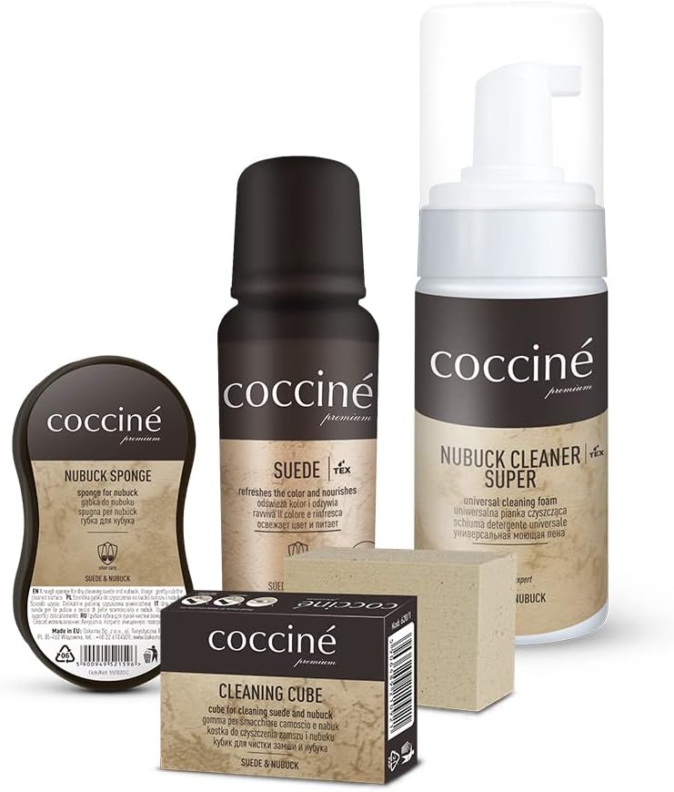 Cocciné - Kit d'entretien 4 en 1, Kit Nettoyage, Nettoyant Chaussure, pour Chaussures en Daim, Nubuck et Membranes TEX, Utilisation Confortable, Mini éponge de Nettoyage