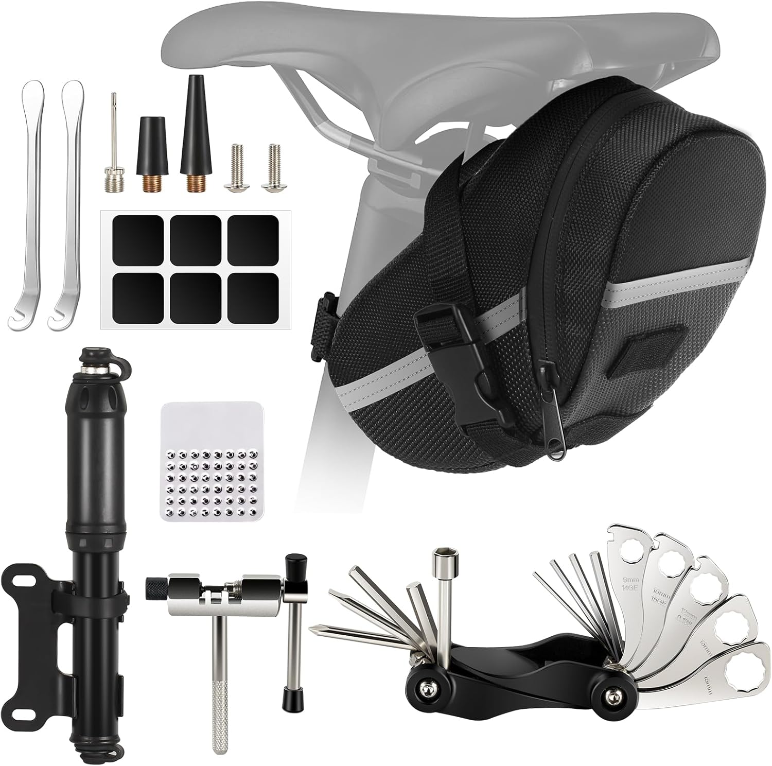 WEEKSUN Kit de réparation de pneu de vélo avec outil 14 en 1, mini pompe à vélo, coupe-chaîne, kit de fixation pratique pour vélos de route et VTT