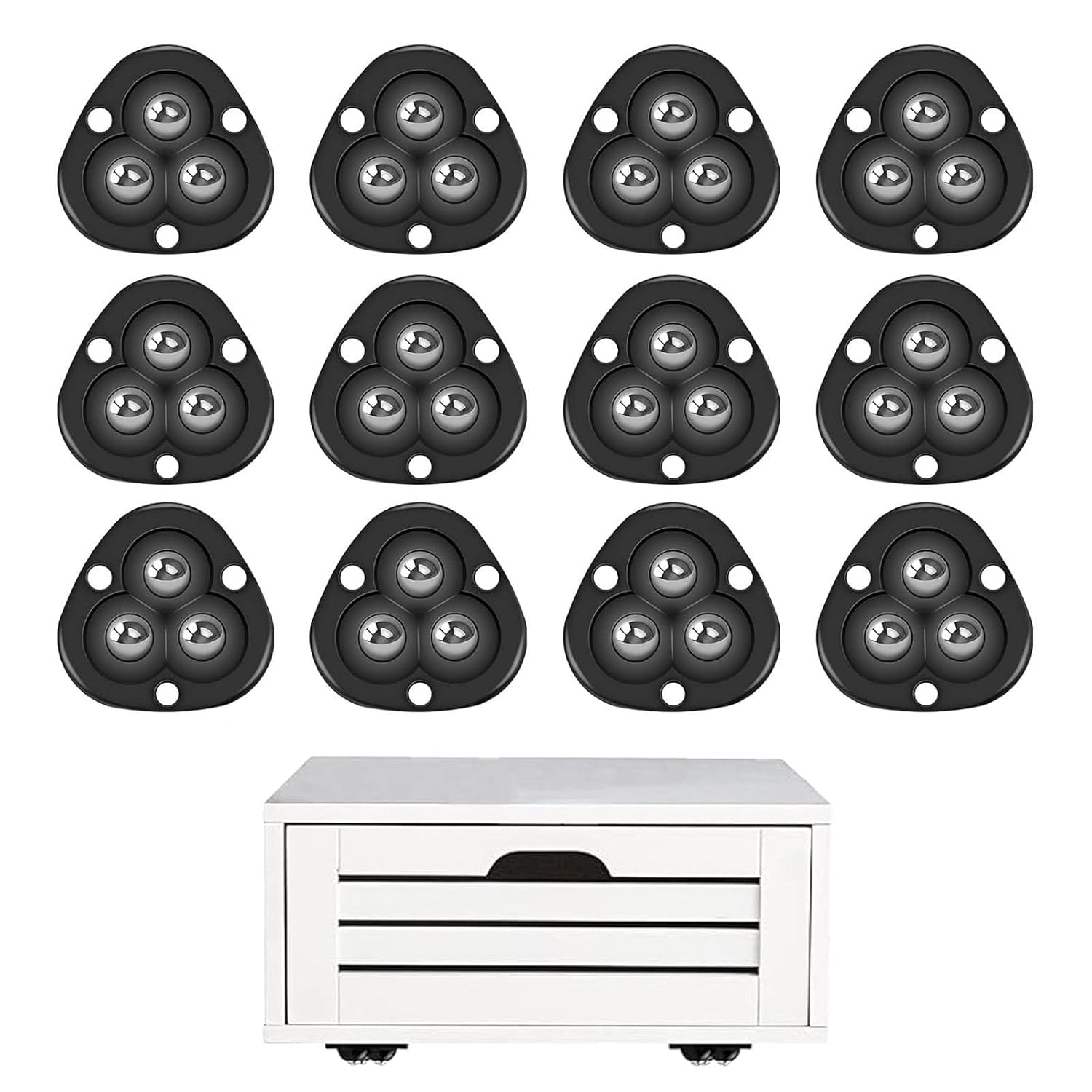 LightBeacon 12 Pièces Mini Roulettes Pivotantes, Petite Roulettes pour Meubles, 360 Degrés Roulettes à Billes, 3 Bille D'acier Roulettes, Mini Roue Universelle pour Petit Meuble, Bac Poubelle, Noir