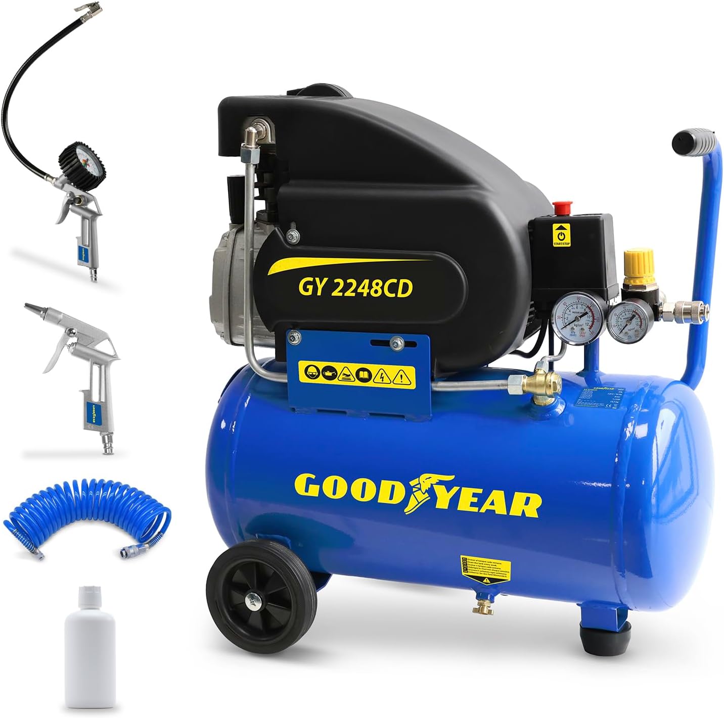 Compresseur d'air silencieux 24L 8 bar 2CV 1.5KW + Kit Air comprimé 5 Pièces Compresseur 24L + kit de soufflage 3