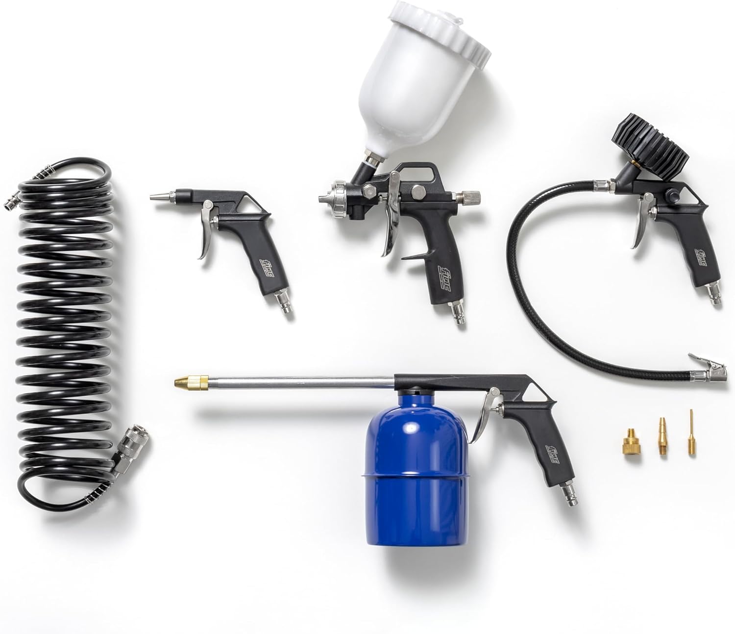 FIAC Kit d'Accessoires Compresseur 8 Pièces, avec un Gonfleur avec Manomètre, une Soufflette, un Aérographe, un Pistolet de Lavage, un Tuyau Spiralé de 5m, 3 Embouts de Gonflage, Max - 8 Bar, Noir
