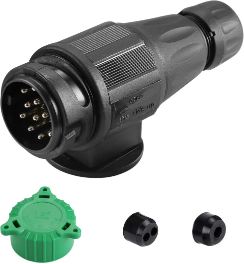 SPARKMOTO Prise Remorque 13 Broches Male Étanche, 12V Prise attelage 13 Broches Connecteur Prise de Remorque Male pour Porte-vélos, Camion,Caravane,Fiche Remorque 13 Broches avec Cache Vert(SK13P) Prise Remorque 13 Broches Male (SK13P)