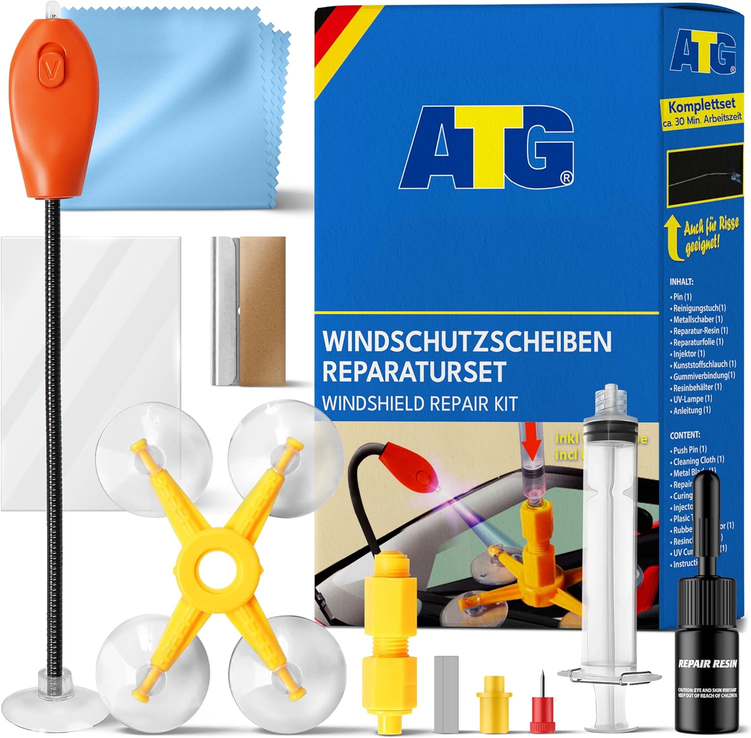 ATG® Reparation Pare Brise avec résine de réparation de Pare-Brise pour réparer Les éclats de Fissure de Pare-Brise de Voiture - Réparation des impacts de Pierres sur Le Pare-Brise avec Lampe UV