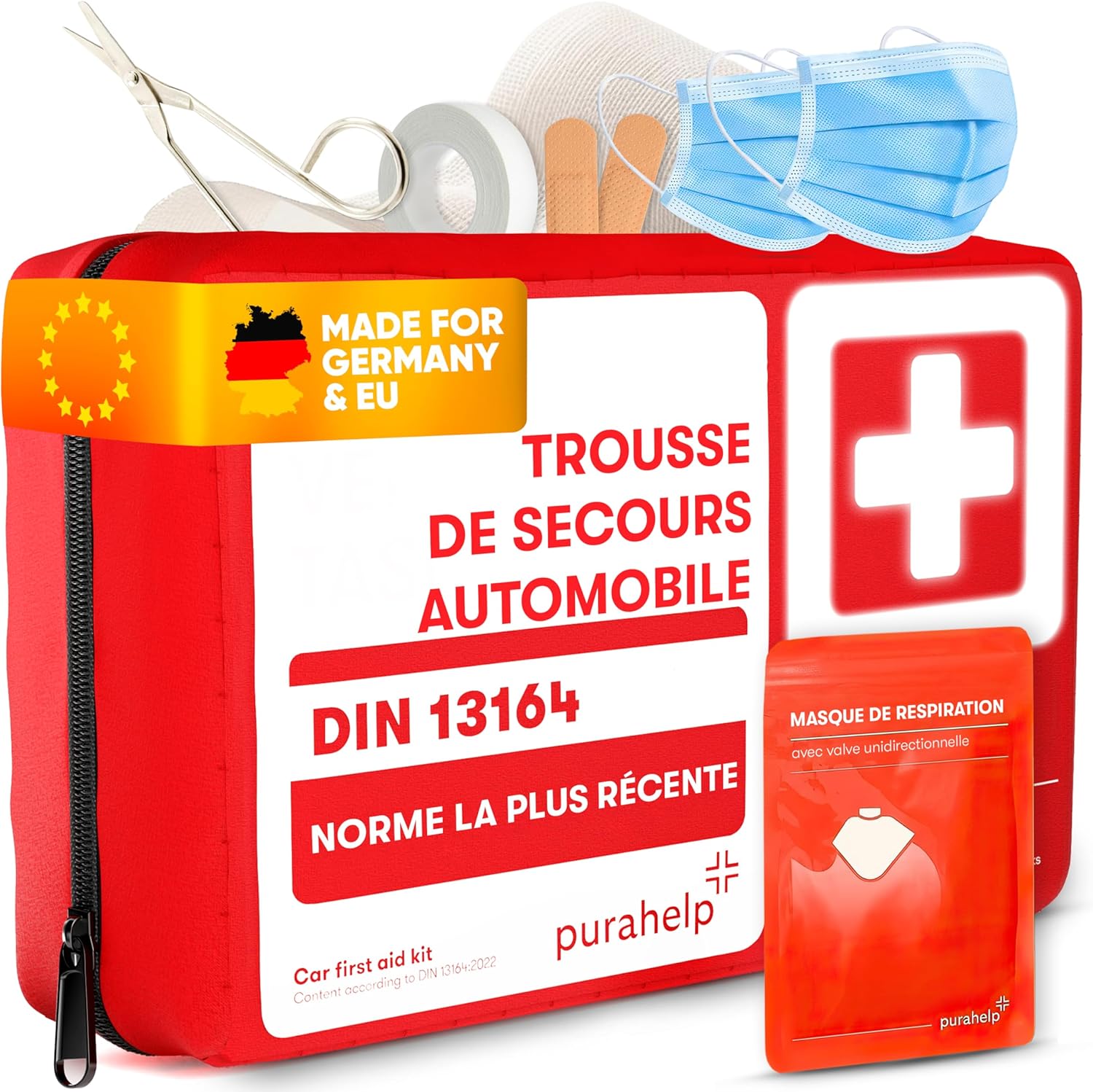 Trousse de Secours Voiture - Conforme Norme DIN 13164 - Trousse Premier Secours Voiture - Kit Premier Secours Voiture - Kit Voiture Securite - Kit Urgence Voiture
