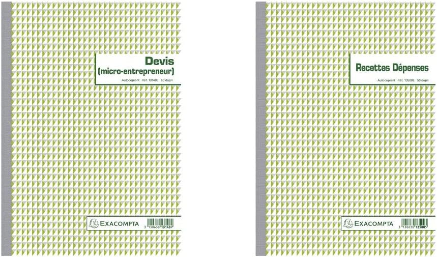 13148E Un Devis Auto Entrepreneur 50 feuillets Dupli autocopiant, 29.7 x 21 cm & Réf - 13500E - 1 Manifold Recettes dépenses 29,7x21cm 50 feuillets dupli autocopiants