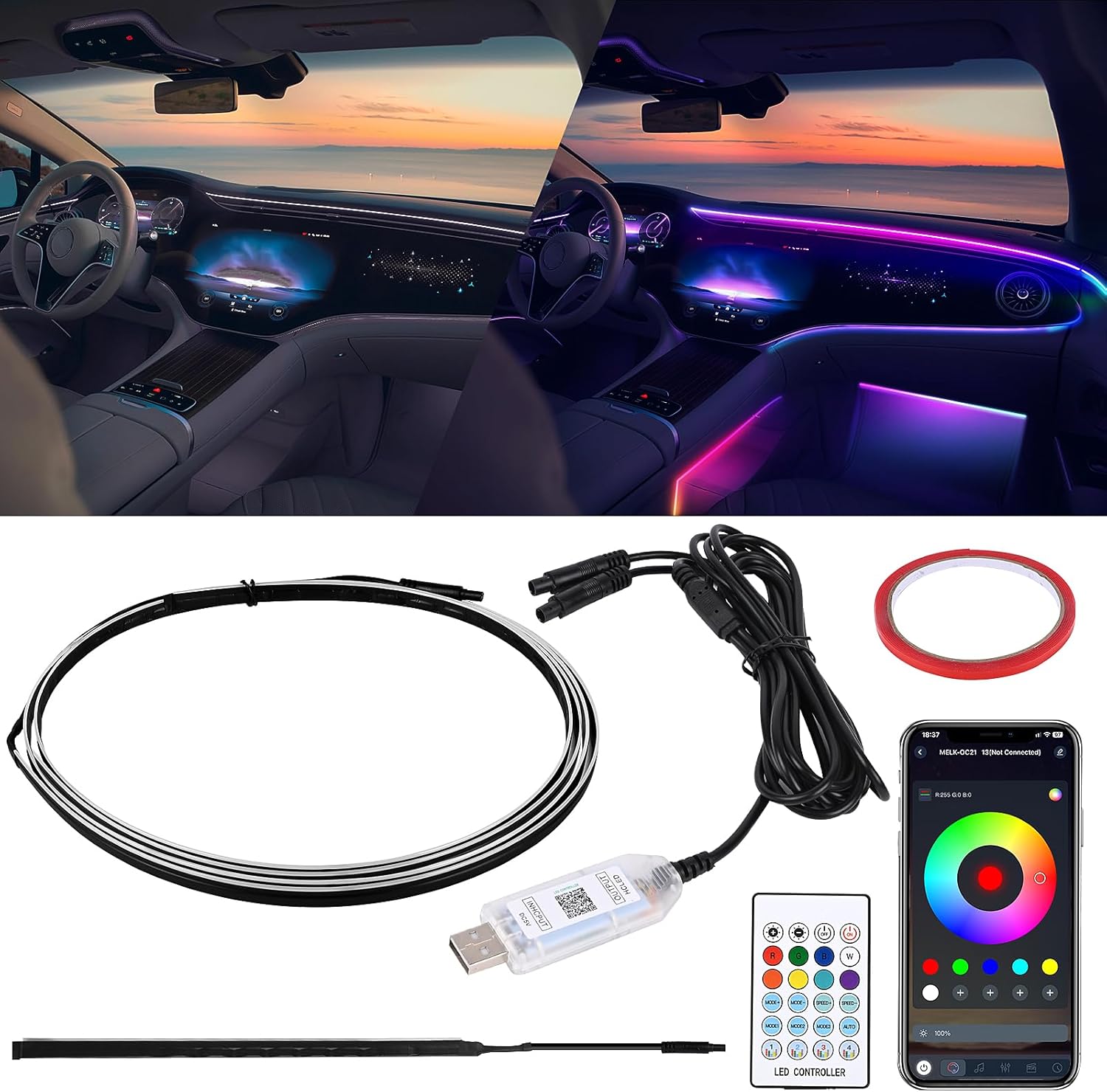 Weinsamkeit Bande LED Voiture Interieur, Éclairage intérieur de Voiture RVB avec Télécommande/APP Contrôle LED Intérieur Bande Lumière Bord Décoration USB Barre Lumineuse Musicale pour Voiture