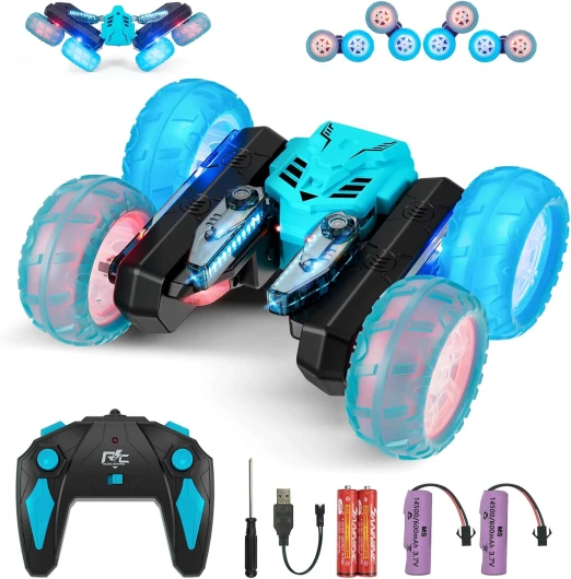 Amicool Voiture Telecommandé Enfant avec Upgraded Bande Lumineuse et Feux de Roue, 4WD 360°Rotation 2.4GHz Voiture Radiocommandee Crawlers pour Enfants 6-12 Ans (Bleu) Bleu(lumineux)