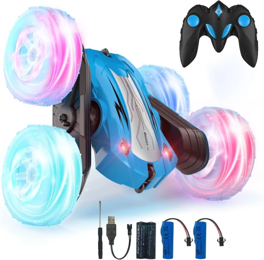 Rodzon Voiture Télécommandée Enfant, 360°Rotation Camion Cascadeuse avec Feux de Roue, 2.4GHz RC Voiture Radiocommandee Jeux Extérieur Jouet Cadeau pour Garçon Fille 6 ans et plus, 2 x Batterie (Bleu)