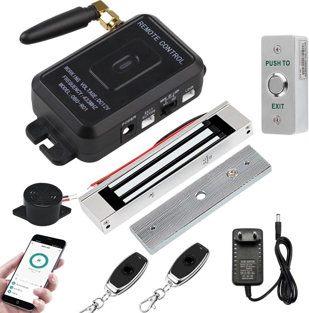 FTes RFKits TUYA Système de Contrôle d'accès Kit de Serrure Magnétique 180KG avec Contrôle par Application Smartphone, Couplé avec Une Télécommande sans Fil à Pression et Un Bouton de Sortie 180KG Magnetic Lock
