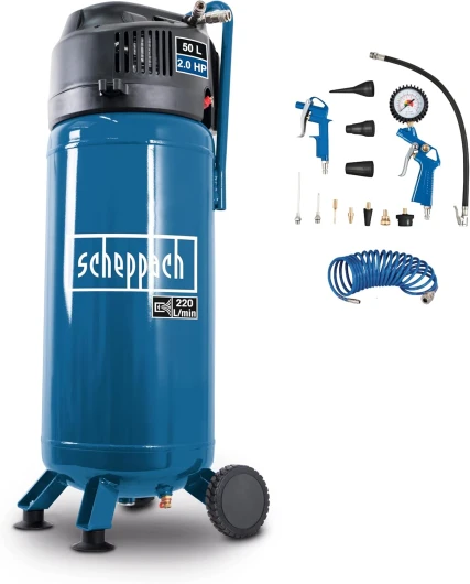 Compresseur Vertical HC51V avec 13 accessoires et 8m de tuyau - 10 bar - Cuve de 50L - Sans huile - 1500W - 2CV - Puissance d'aspiration 220 l/min - Double raccord - Réducteur de pression HC51V + 13 accessoires (tuyau 8m)