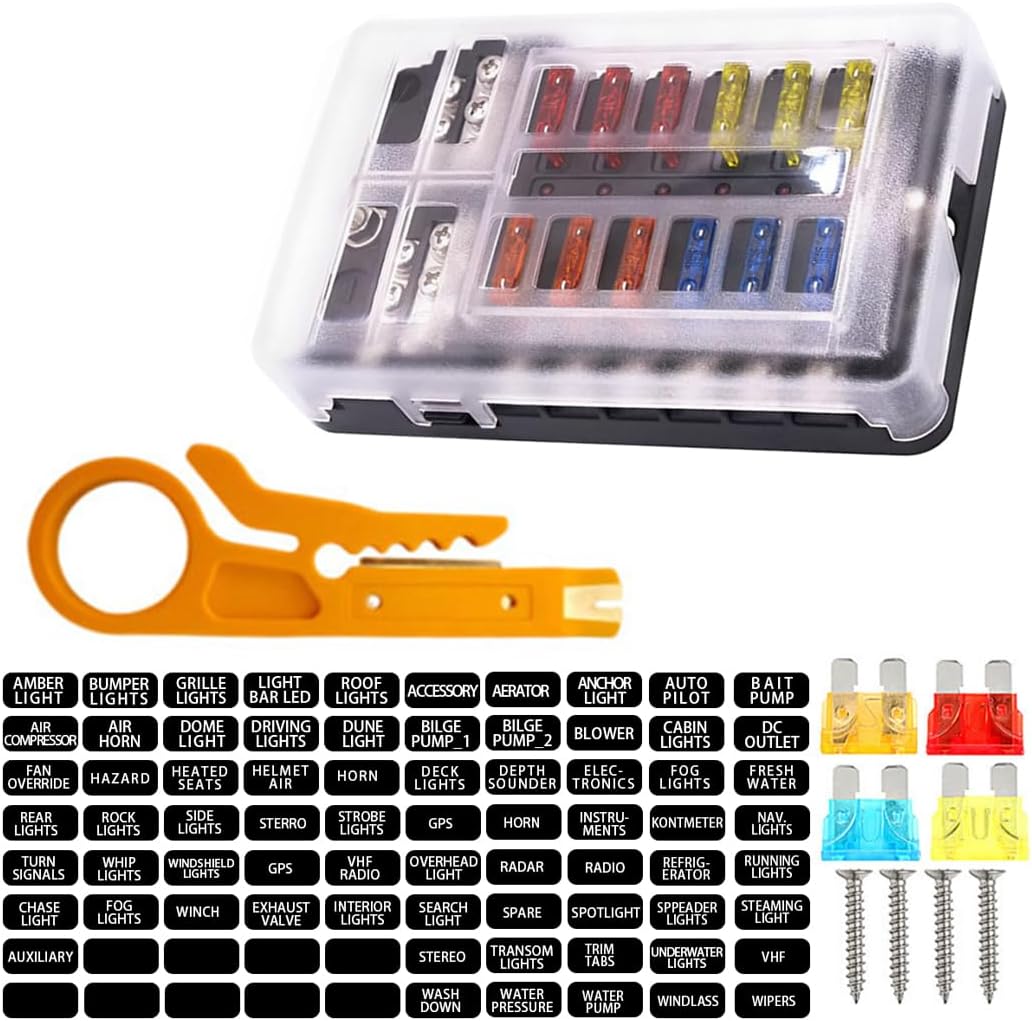 CGEAMDY Boîte Fusibles Voiture, 12 Voies Boîte Fusibles, Voiture Fusible à Lame, Universelle Blocs Fusible Lame, avec Voyants LED, Couvercle de Protection Étanch, Accessoires pour Voitures, Moto