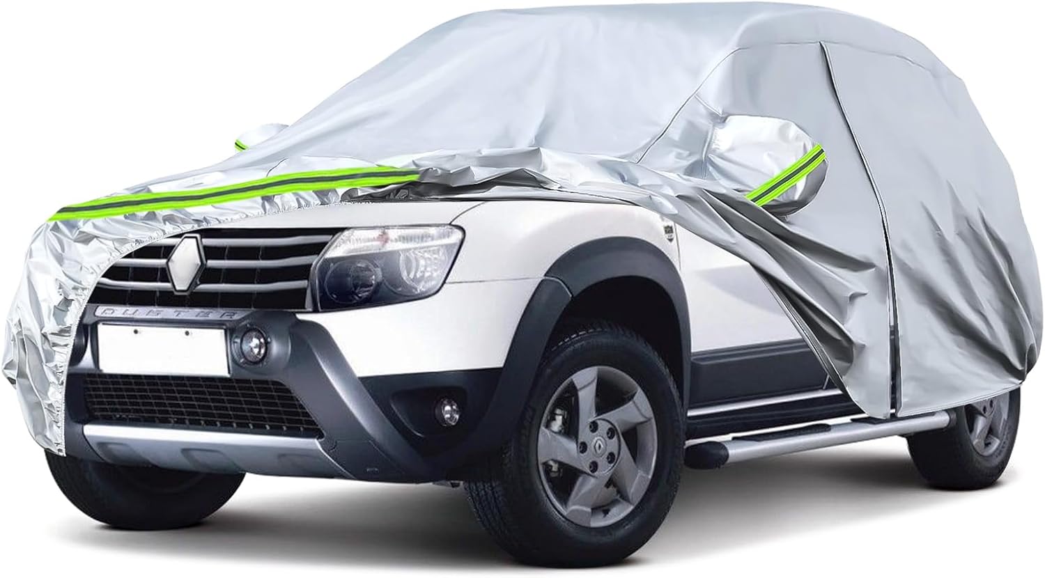 Couverture de Voiture Remplacement pour Dacia Duster 2010-2024, Bâche de Voiture Garage de Complet étanche Garage Complet Bandes Réfléchissantes PE, Argent Argent compatible with Dacia Duster