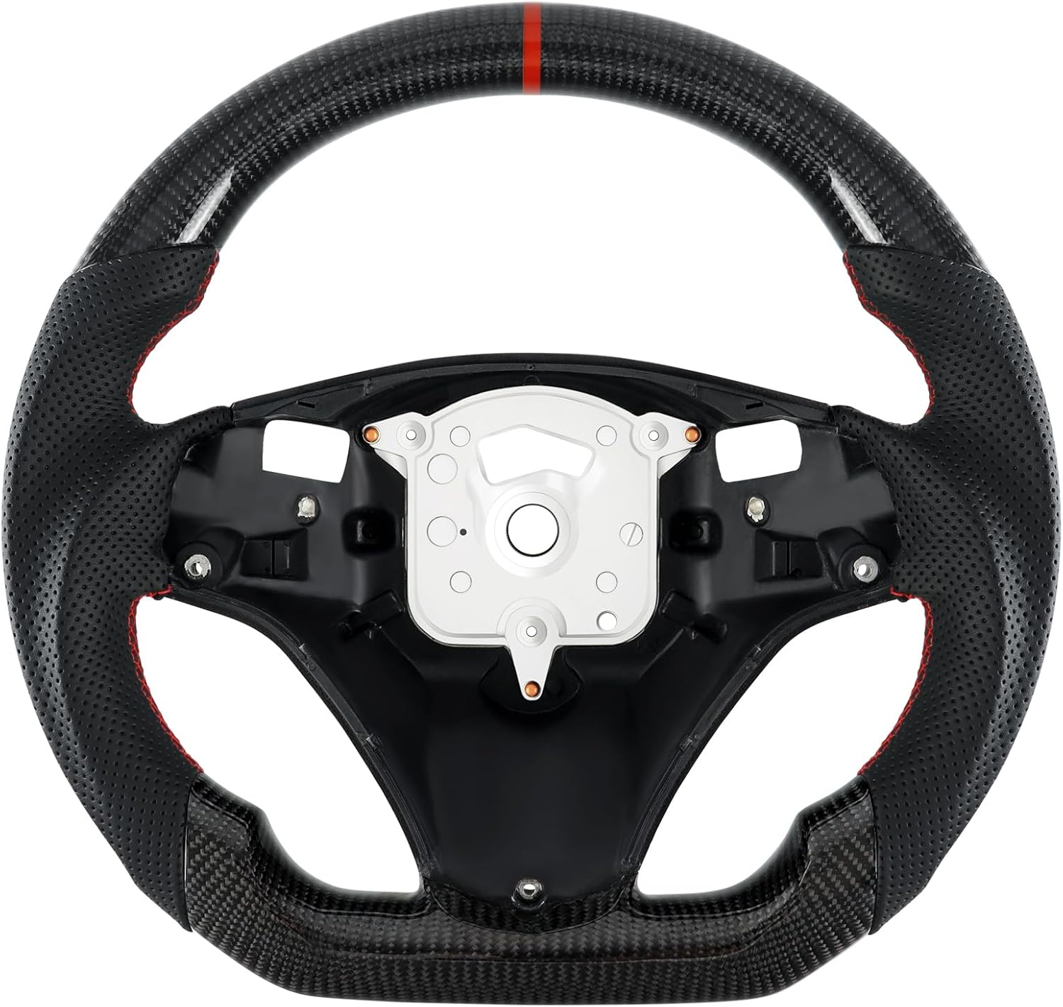 Acclcors Volant en véritable fibre de carbone fait à la main avec fond plat et poignée en cuir perforé pour BMW M Sport 1/3 Series M3 E88 E90 E91 E92 E93 2005-2012