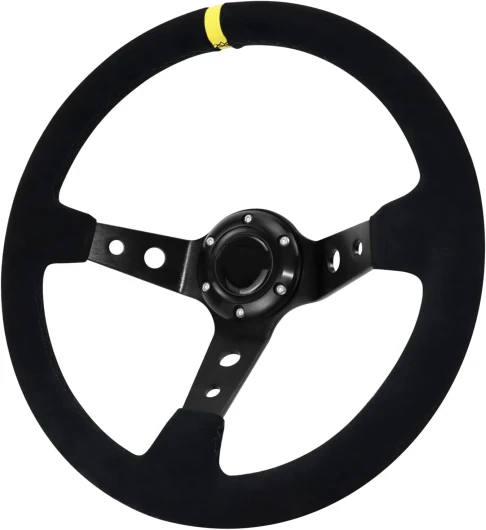 Acclcors Volant de course, universel, volant de jeu, 13,6", 6 vis, poignée en daim Deep Dish avec bouton corne pour course/rallye/moteur/voiture sim guidage (noir)